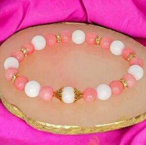 White Jade Pink Rhodonite Crystal Bracelet Balletcore Lovecore Coquette Girl Y2K